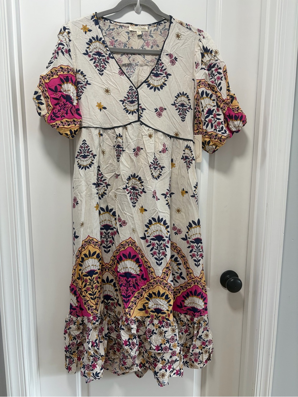 Fig & Flower NWT size Small Pippa Midi Dress Linen Blend Boho Puff Sleeves - Picture 2 of 12